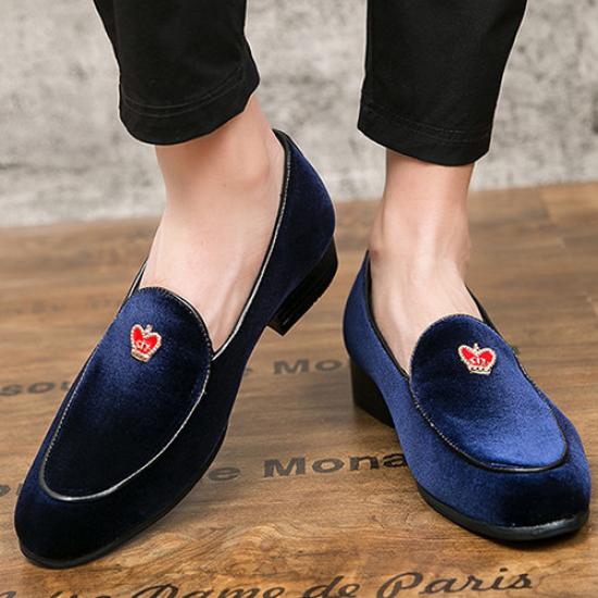 Blue Navy Velvet Crown Mens Loafers Business Flats Dress Shoes Loafers Zvoof