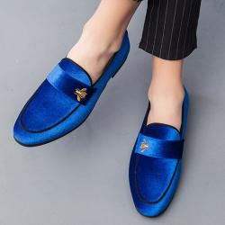 Blue Royal Velvet Gold Bee Mens Loafers Business Flats Dress Shoes