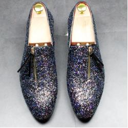 Blue Sparkle Glitters Mens Loafers Business Flats Dress Shoes