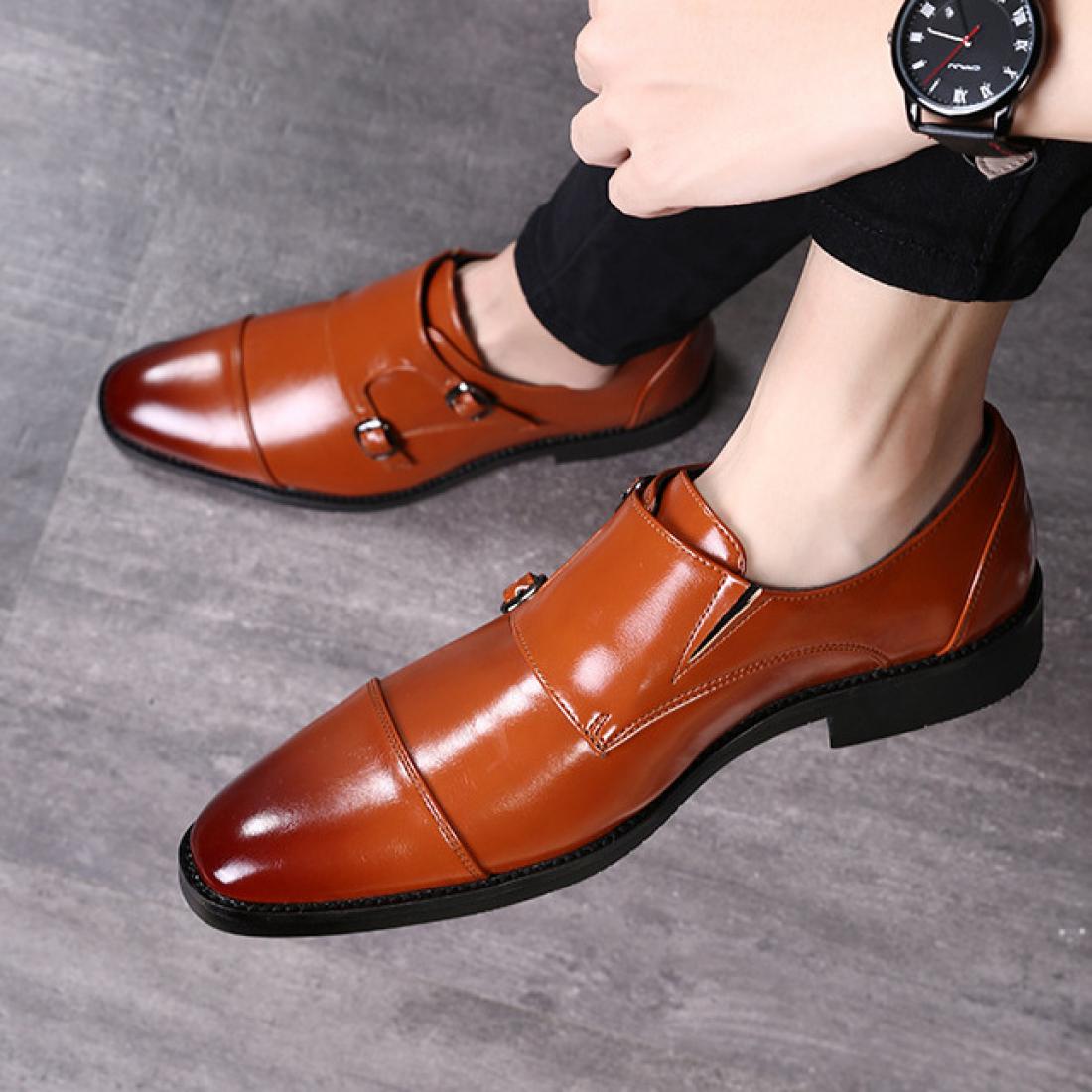 Brown Double Monk Straps Mens Loafers Flats Dress Shoes ...