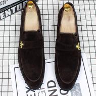 Brown Suede Gold Bee Mens Loafers Business Flats Dress Shoes
