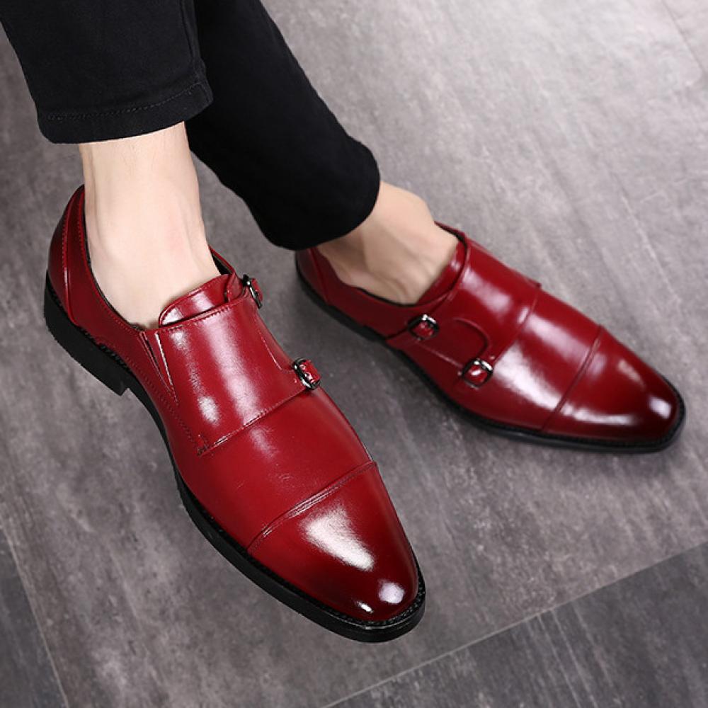 Burgundy Double Monk Straps Mens Loafers Flats Dress Shoes ...