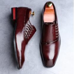 Burgundy Side Lace Up Blunt Head Mens Loafers Dress Shoes