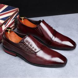 Burgundy Side Lace Up Blunt Head Mens Loafers Dress Shoes