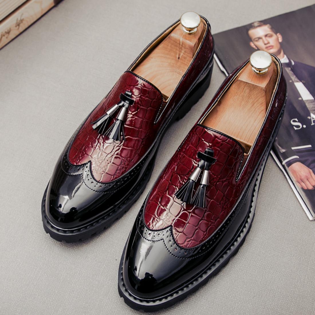 Burgundy Tassels Cleated Sole Mens Loafers Flats Dress Shoes ...