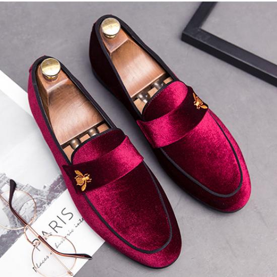 Burgundy Velvet Gold Bee Mens Loafers Business Flats Dress Shoes Loafers Zvoof
