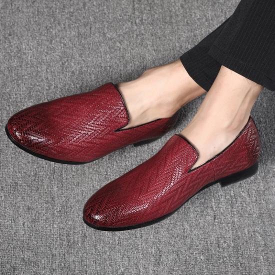 Burgundy ZigZag Leather Dapper Mens Loafers Flats Dress Shoes Loafers Zvoof