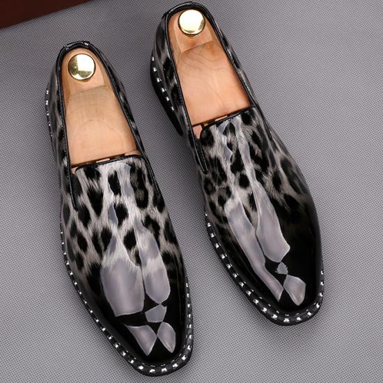 Grey Leopard Patent Spikes Punk Mens Loafers Flats Dress ...