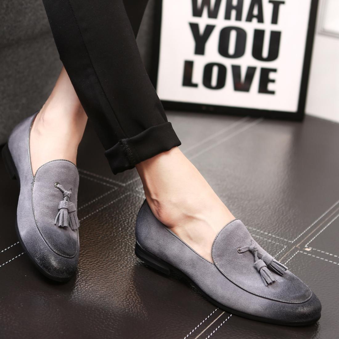 Grey Suede Tassels Mens Business Prom Loafers Dress Shoes 0572