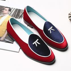 Red Blue Mini Bow Velvet Mens Loafers Flats Dress Shoes