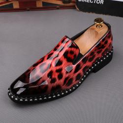 Red Leopard Patent Spikes Punk Mens Loafers Flats Dress Shoes