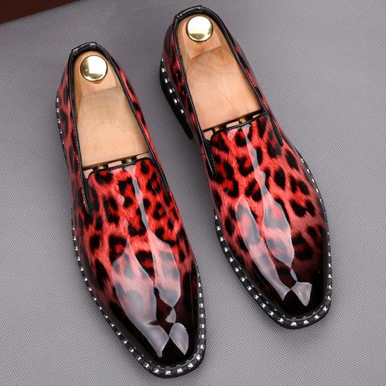 Red Leopard Patent Spikes Punk Mens Loafers Flats Dress Shoes ...