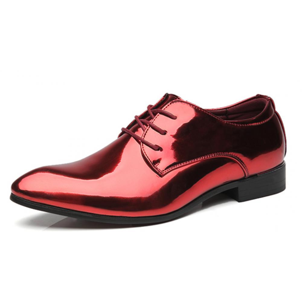 Red Metallic Mirror Pointed Head Lace Up Mens Oxfords Shoes ...