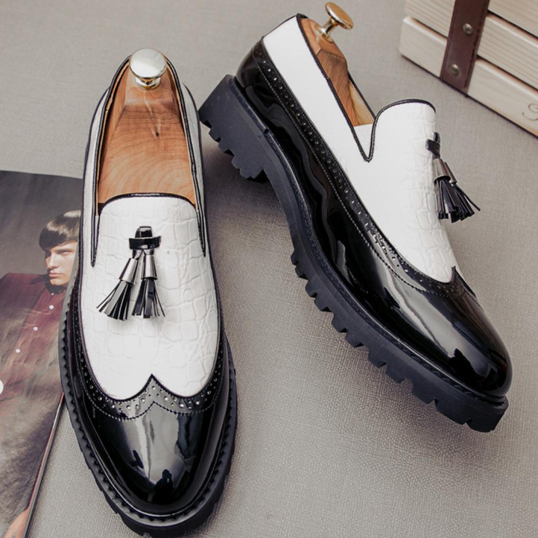 White Black Tassels Cleated Sole Mens Loafers Flats Dress ...