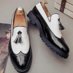 White Black Tassels Cleated Sole Mens Loafers Flats Dress Shoes