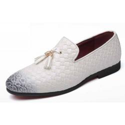 White Knitted Leather Tassels Dapper Mens Loafers Dress Shoes