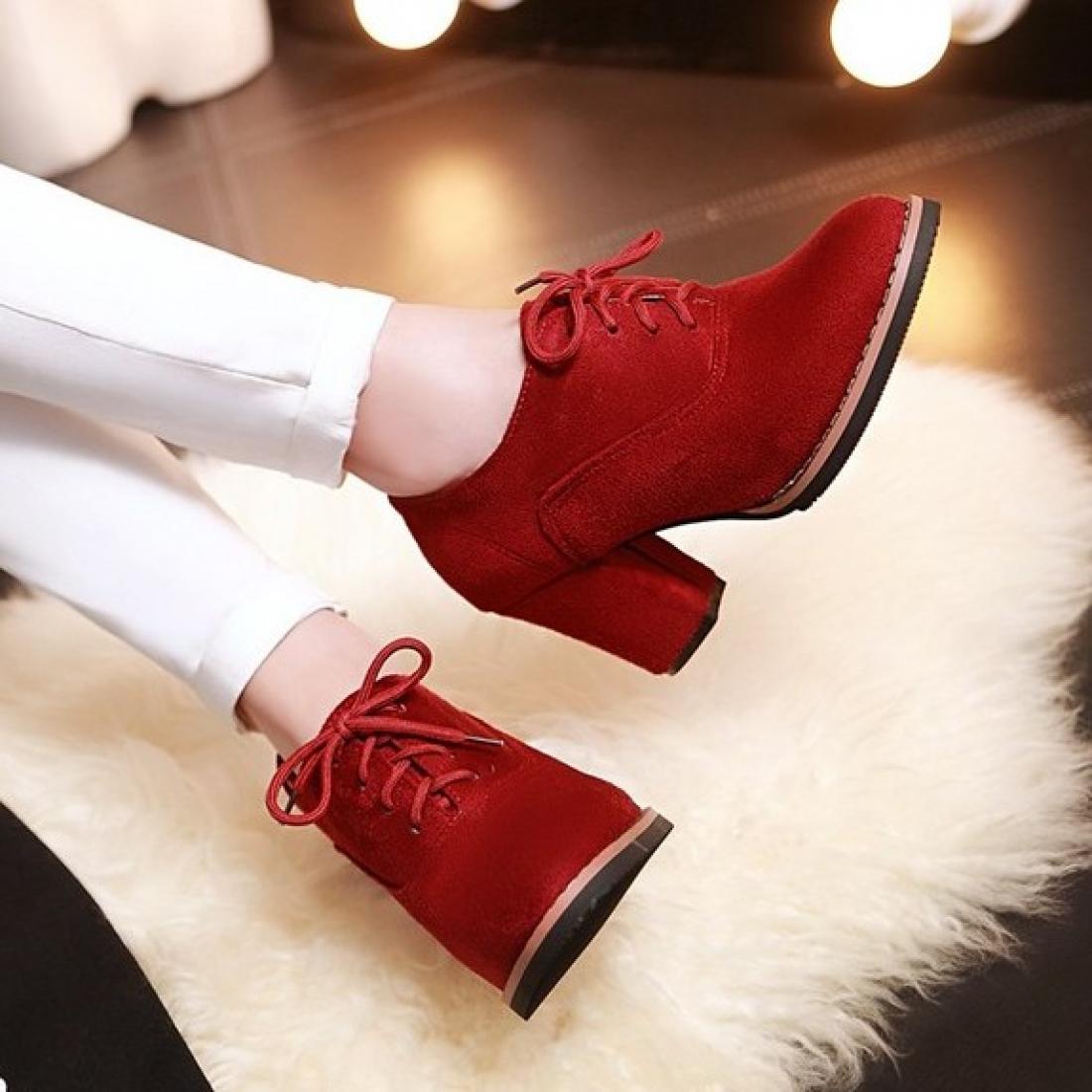 Red Suede School Lace Up High Heels Oxfords Shoes High Heels