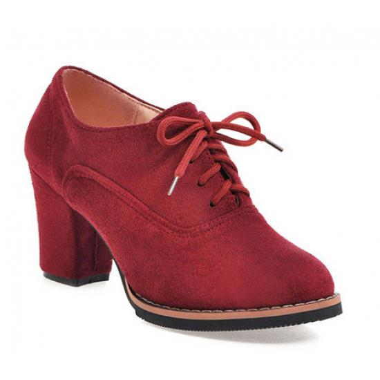 Red Suede School Lace Up High Heels Oxfords Shoes High Heels Zvoof