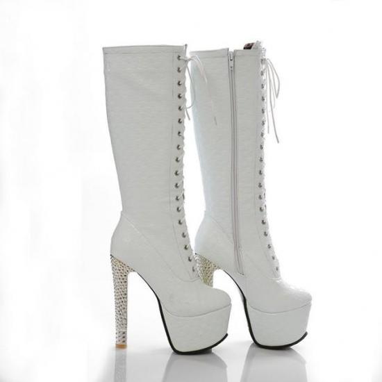 White Checkers Embossed Platforms High Heels Long Boots Shoes Platforms Zvoof