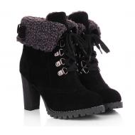 Black Woolen Ankle Flap Lace Up Ankle Combat High Heels Boots Shoes