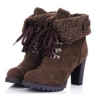 Brown Woolen Ankle Flap Lace Up Ankle Combat High Heels Boots Shoes