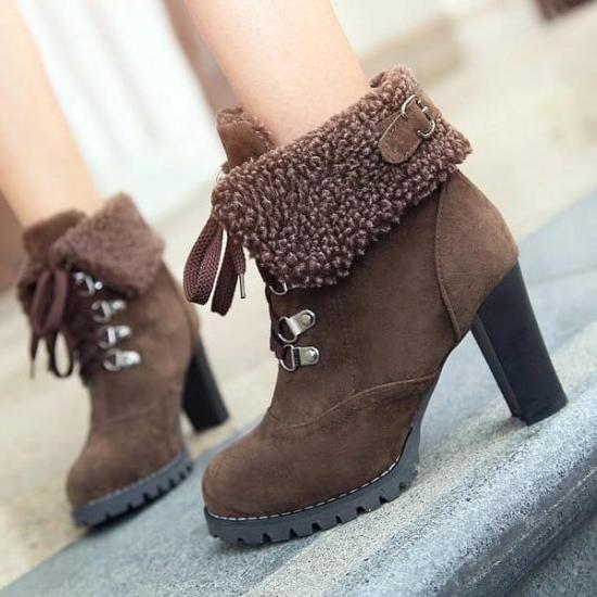Brown Woolen Ankle Flap Lace Up Ankle Combat High Heels Boots Shoes High Heels Zvoof