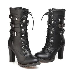Black Metal Studs Rider High Heels Combat Military Boots Shoes