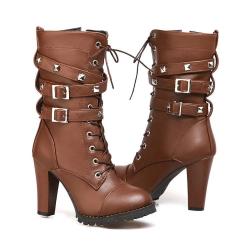 Brown Metal Studs Rider High Heels Combat Military Boots Shoes