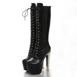 Black Checkers Embossed Platforms High Heels Long Boots Shoes