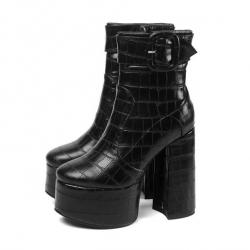Black Croc Gothic Platforms Chunky High Heels Ankle Boots Shoes
