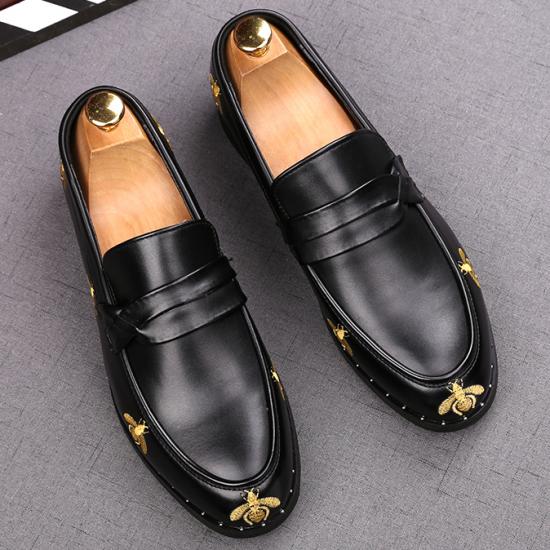 Black Gold Embroidery Dapper Mens Loafers Flats Dress Shoes Loafers Zvoof