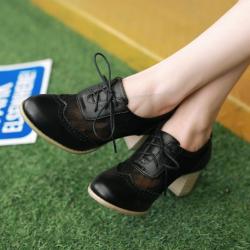 Black Sheer Crochet School Lace Up High Heels Oxfords Shoes