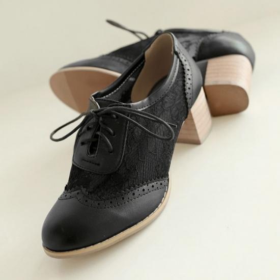 Black Sheer Crochet School Lace Up High Heels Oxfords Shoes High Heels Zvoof