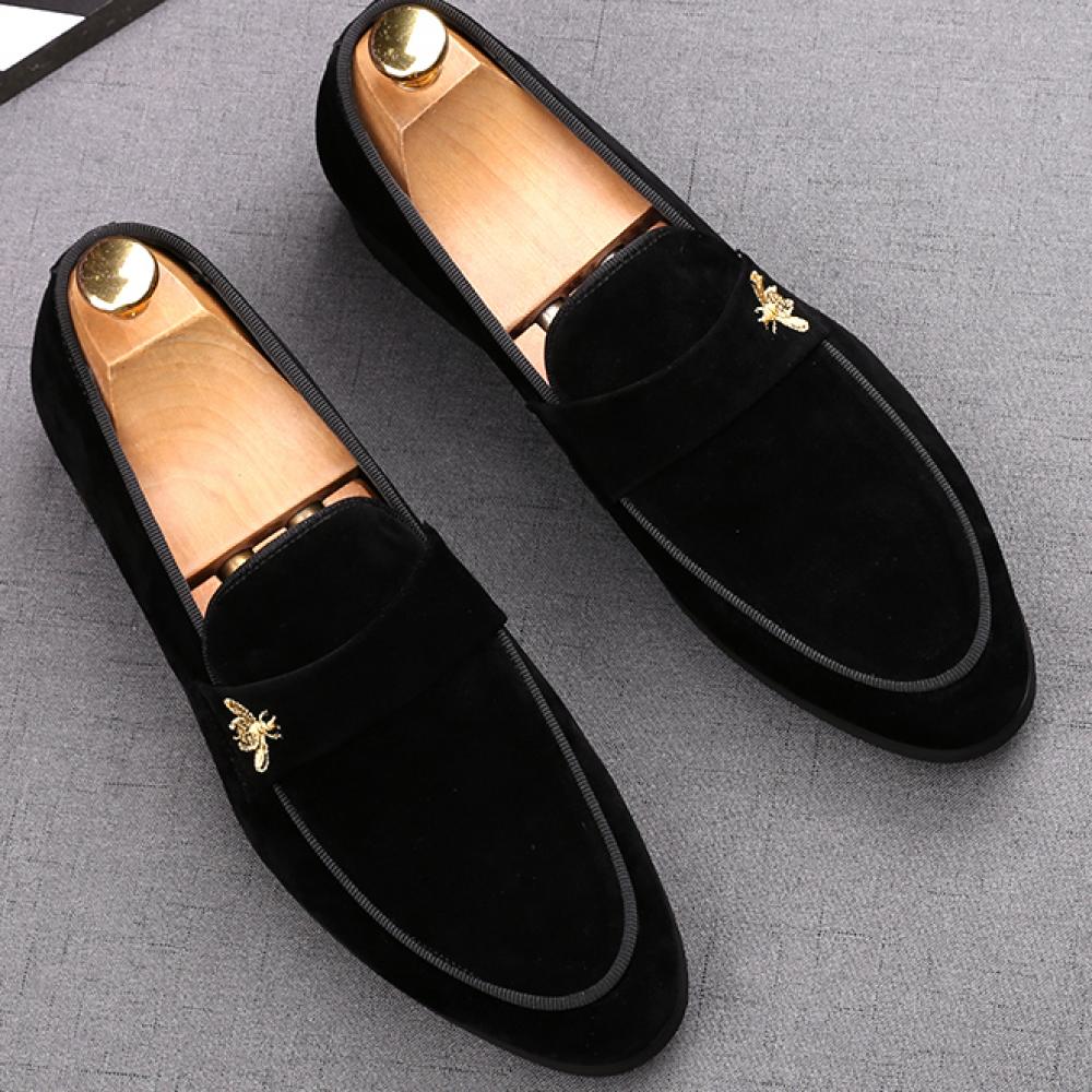 Black Suede Gold Bee Prom Business Mens Loafers Dress Shoes ...