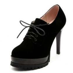 Black Suede School Lace Up High Stiletto Heels Oxfords Shoes