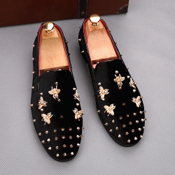 Black Velvet Gold Spikes Bees Mens Loafers Dress Shoes