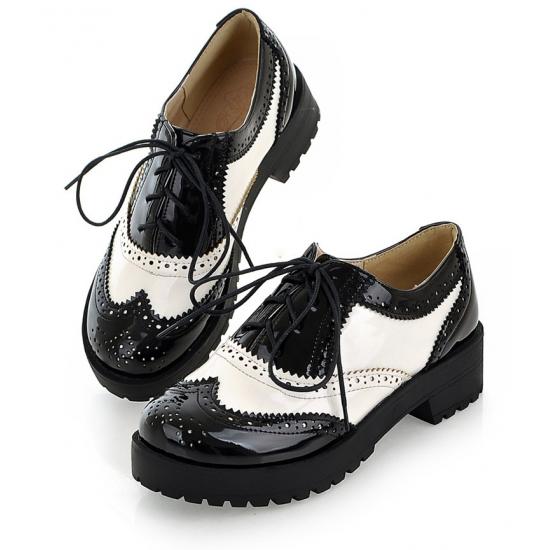 Black White Patent Baroque Lace Up Cleated Sole Oxfords Shoes Oxfords Zvoof