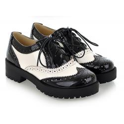 Black White Patent Baroque Lace Up Cleated Sole Oxfords Shoes