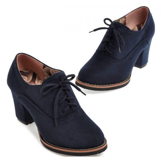 Blue Navy Suede School Lace Up High Heels Oxfords Shoes High Heels Zvoof