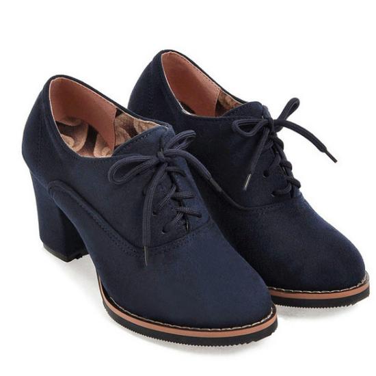 Blue Navy Suede School Lace Up High Heels Oxfords Shoes High Heels Zvoof