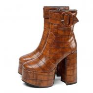 Brown Croc Gothic Platforms Chunky High Heels Ankle Boots Shoes