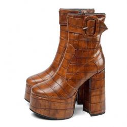 Brown Croc Gothic Platforms Chunky High Heels Ankle Boots Shoes