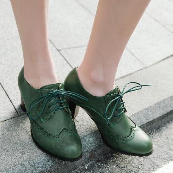 Green Baroque Vintage Lace Up High Heels Oxfords Shoes High Heels Zvoof