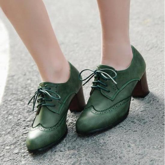 Green Baroque Vintage Lace Up High Heels Oxfords Shoes High Heels Zvoof