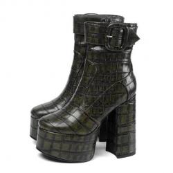 Green Croc Gothic Platforms Chunky High Heels Ankle Boots Shoes