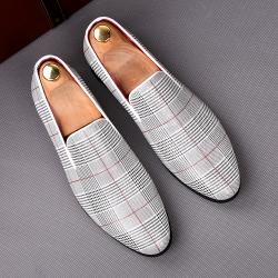Grey Checkers Plaid Business Mens Loafers Dress Shoes