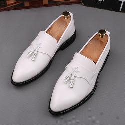 White Pointed Head Tassels Dapper Mens Loafers Flats Dress Shoes