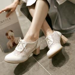 White Sheer Crochet School Lace Up High Heels Oxfords Shoes