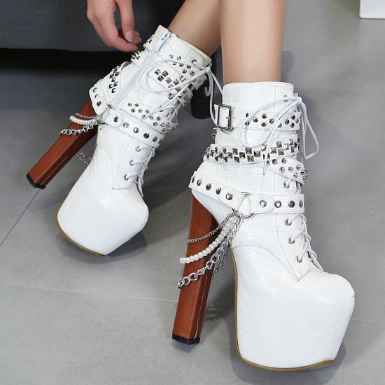 White Croc Metal Chain Studs Gothic Platforms Super High Heels Boots Super High Heels Zvoof