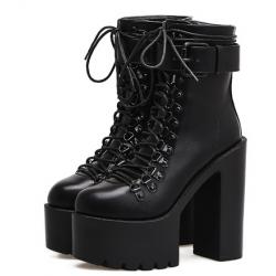 Black Round Lace Up Chunky Platforms Sole High Heels Ankle Boots
